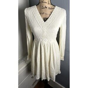 Women's XS French Dot Ivory Dress Empire Waist Lined Sheer Sleeves Flirty Party